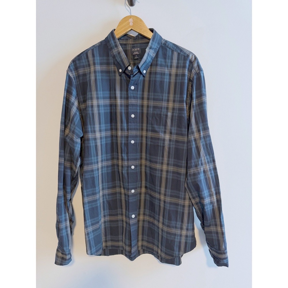 J.Crew‎ Shirt Blue Plaid Cotton Flex Washed Slim Fit Preppy Button Down XL